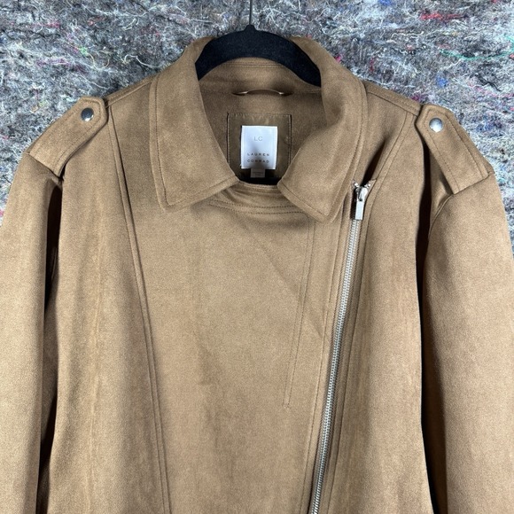 LC Lauren Conrad Moto Jacket Women 1X Brown Faux Suede Asymmetrical Zip - Picture 2 of 14
